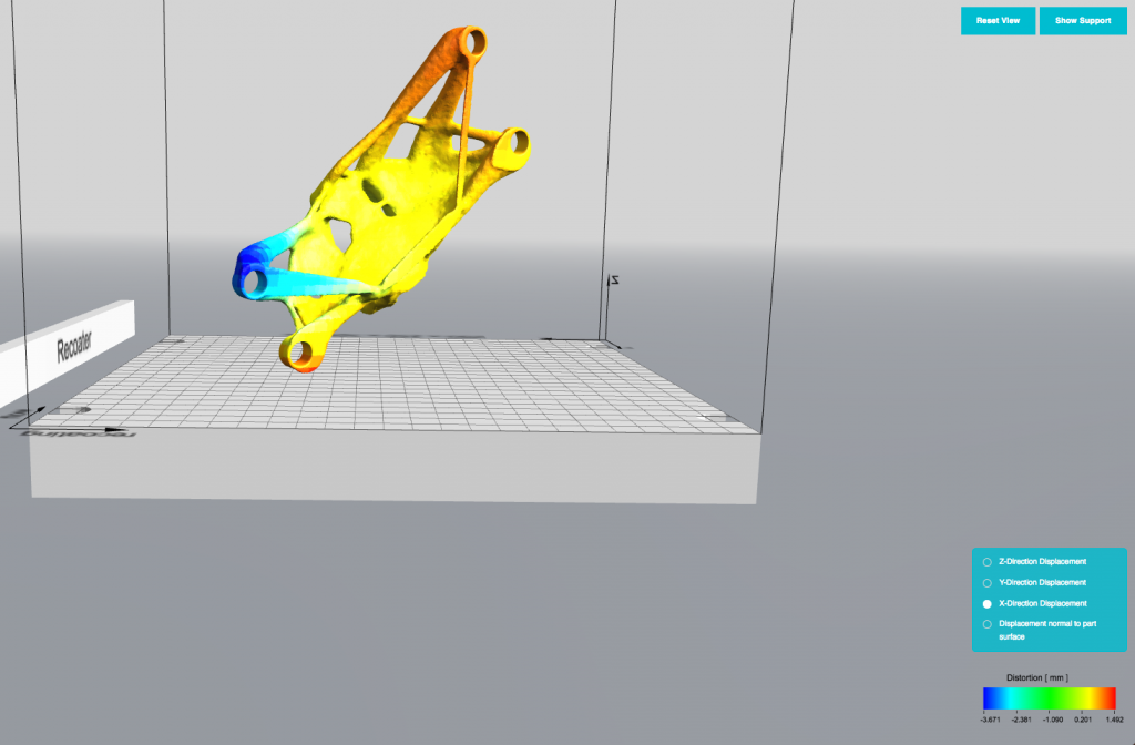 Expected distortion along the X-direction, for an additively manufactured metal part oriented so that the necessary support structure involves minimal removal effort. Displacement in Y, Z and normal directions can also be viewed. All calculations performed with Sunata, the cloud-based Thermal Circuit Network (TCN) solution from Atlas 3D. (Image courtesy Atlas 3D)