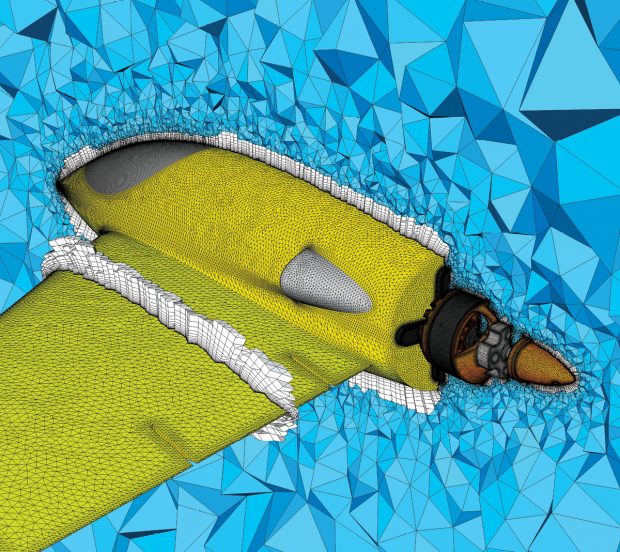 A hybrid prism-tetrahedral mesh for a notional electric-powered aircraft, created in Pointwise. Regular layers of extruded prisms, clustered toward the wall to resolve boundary layers, are displayed in white on the symmetry plane and on a cut through the wing. Image courtesy of Pointwise.