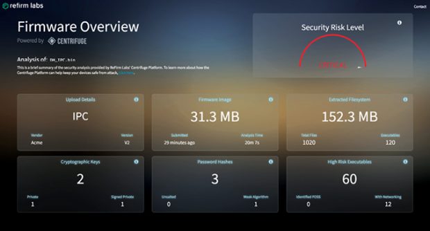 When enhancing existing products, design engineers must contend with previous design and implementation choices, which may involve numerous potential security vulnerabilities. The designer’s first step in securing the existing system is to understand the vulnerabilities. Tools like ReFirm Labs’ Centrifuge platform help with this by automatically vetting and validating firmware for vulnerabilities. Image courtesy of ReFirm Labs.