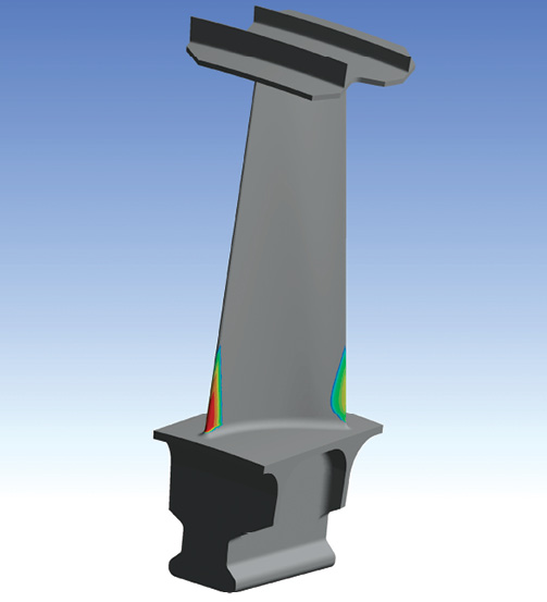 A simulated elliptical embedded crack in a jet engine turbine blade with the stressed region highlighted in red around the crack front. The crack automatically grows during the simulation. Image courtesy of ANSYS.